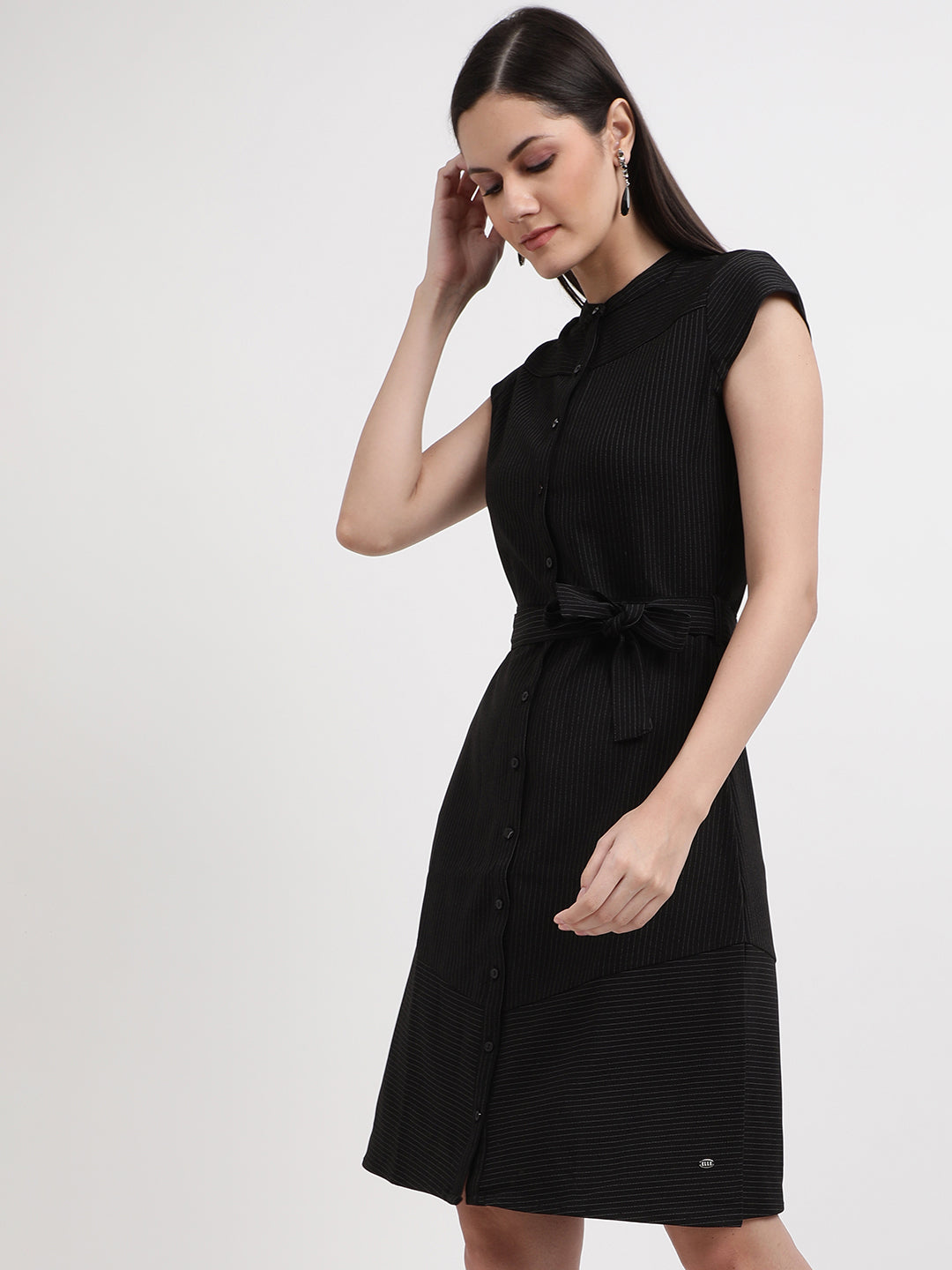 Elle Women Black Striped Round Neck Dress