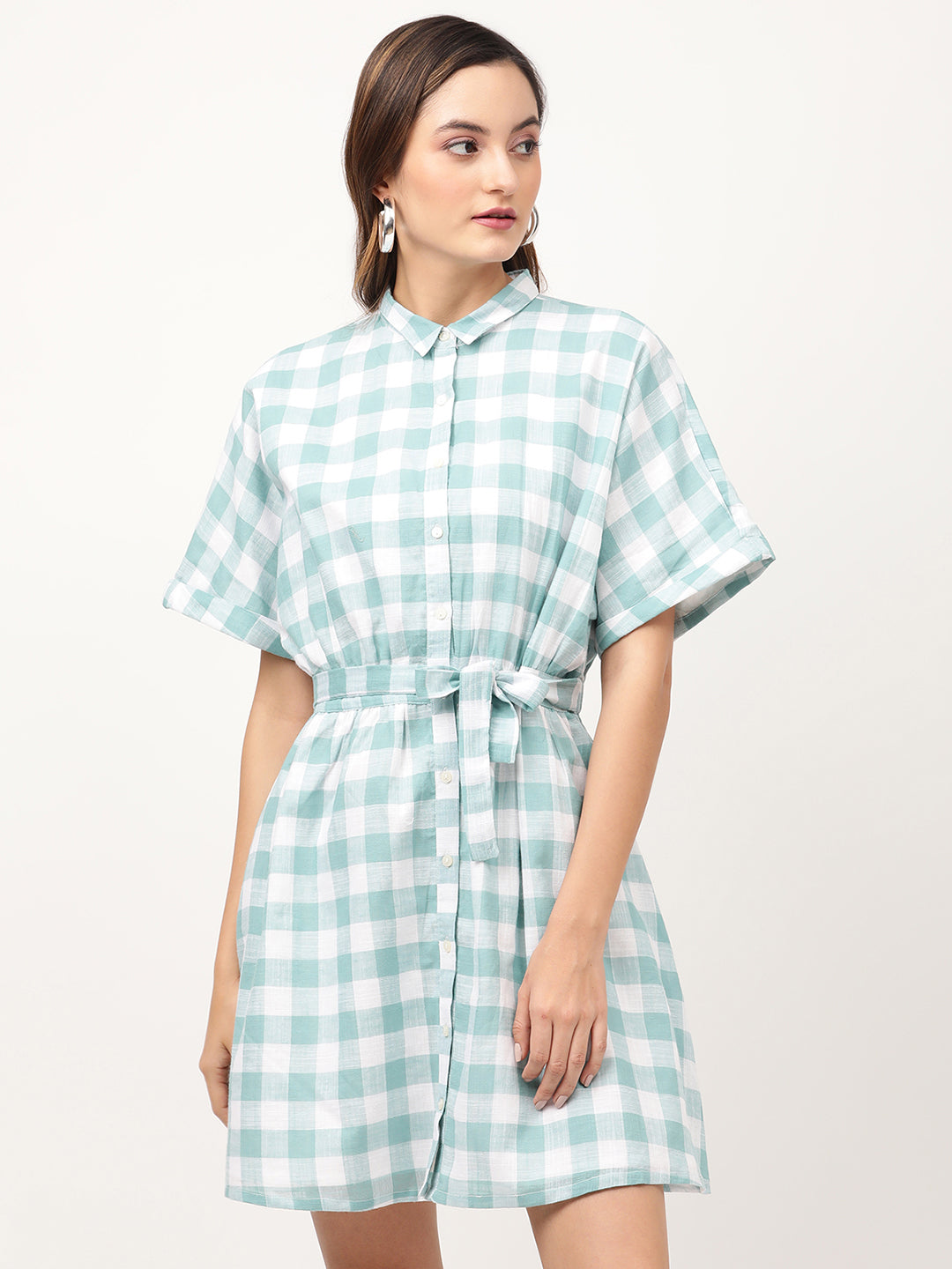 Elle Women Teal Checked Collar Dress