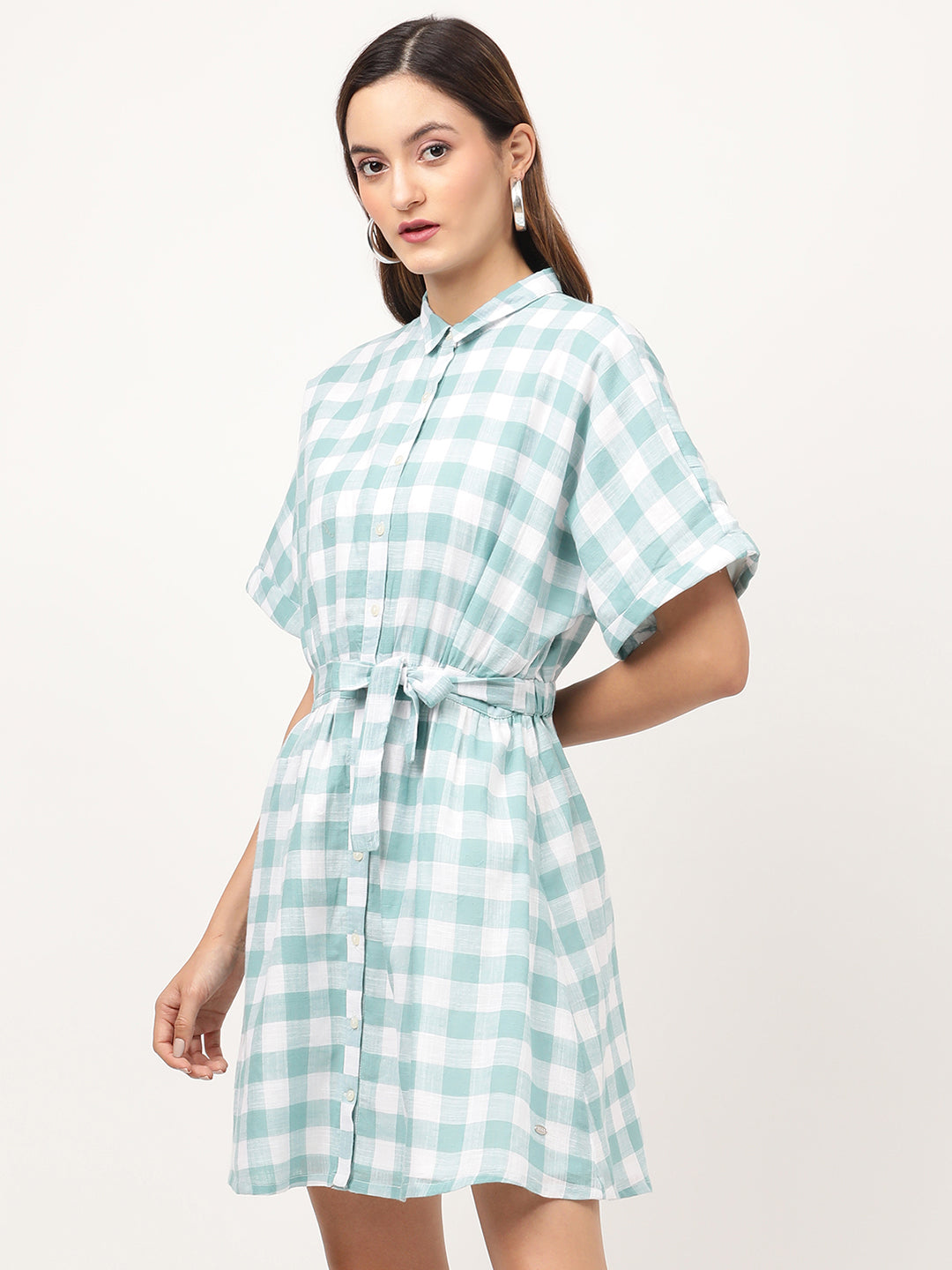 Elle Women Teal Checked Collar Dress