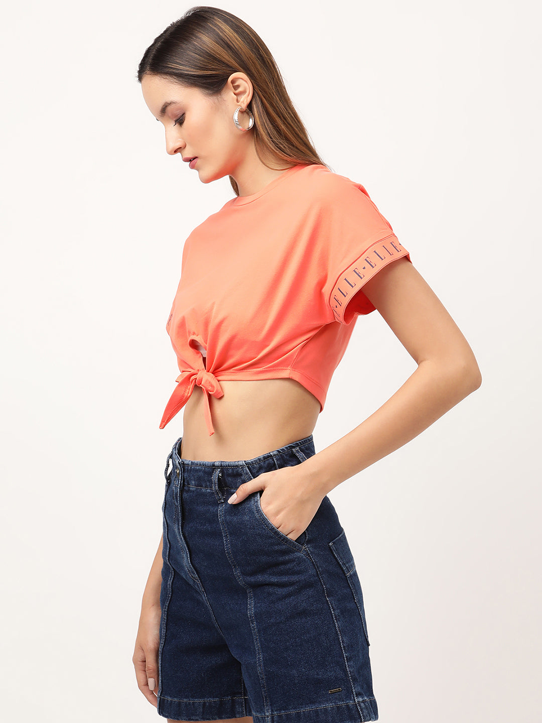 Elle Women Orange Solid Round Neck TShirt