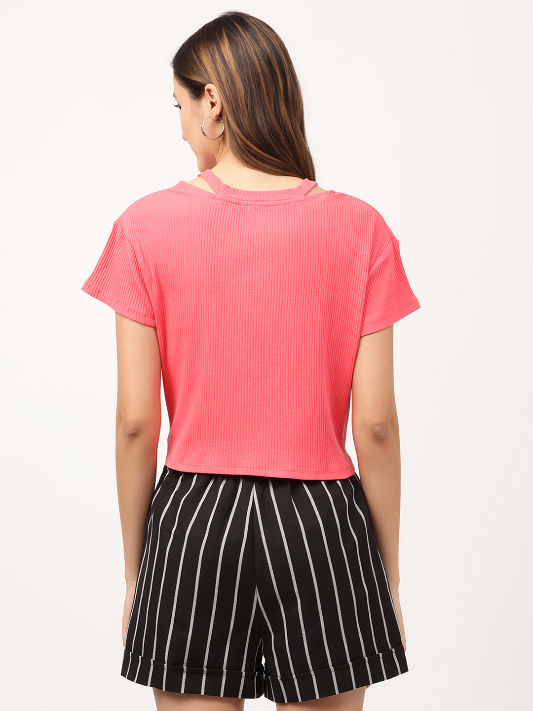 Elle Women Pink Solid V Neck TShirt