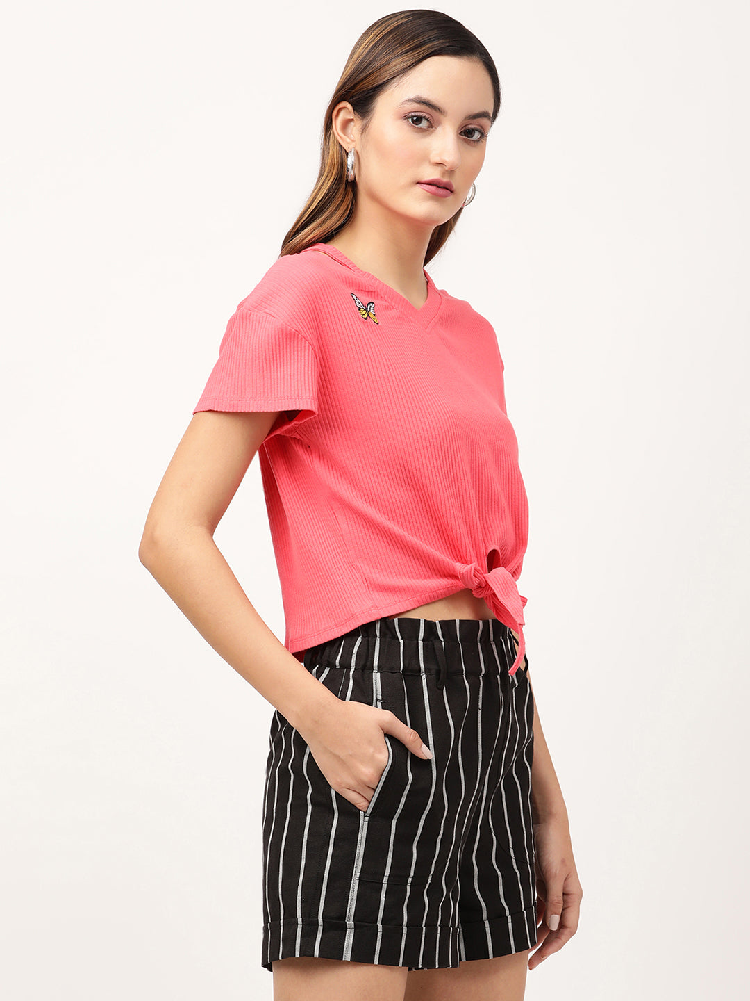 Elle Women Pink Solid V Neck TShirt
