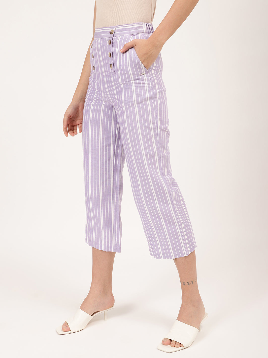 Elle Women Lilac Striped Fit And Flare Trouser