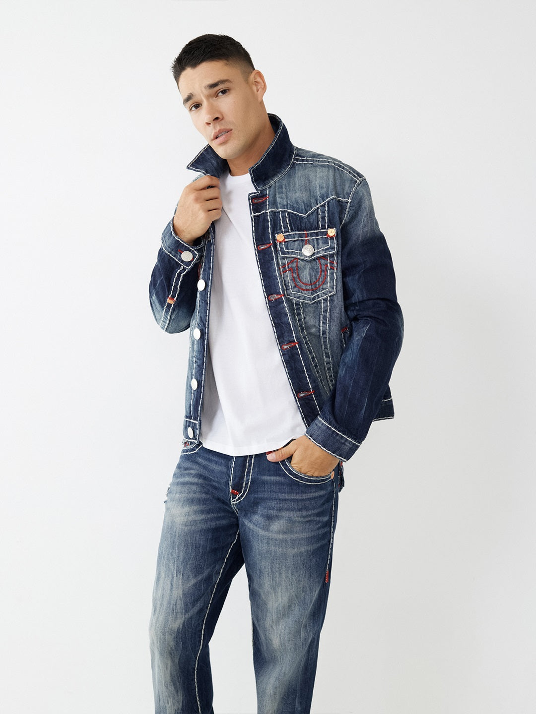 True Religion Men Blue Washed Collar Jacket