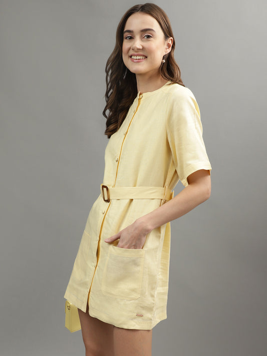 Iconic Women Yellow Solid Band Collar Dress