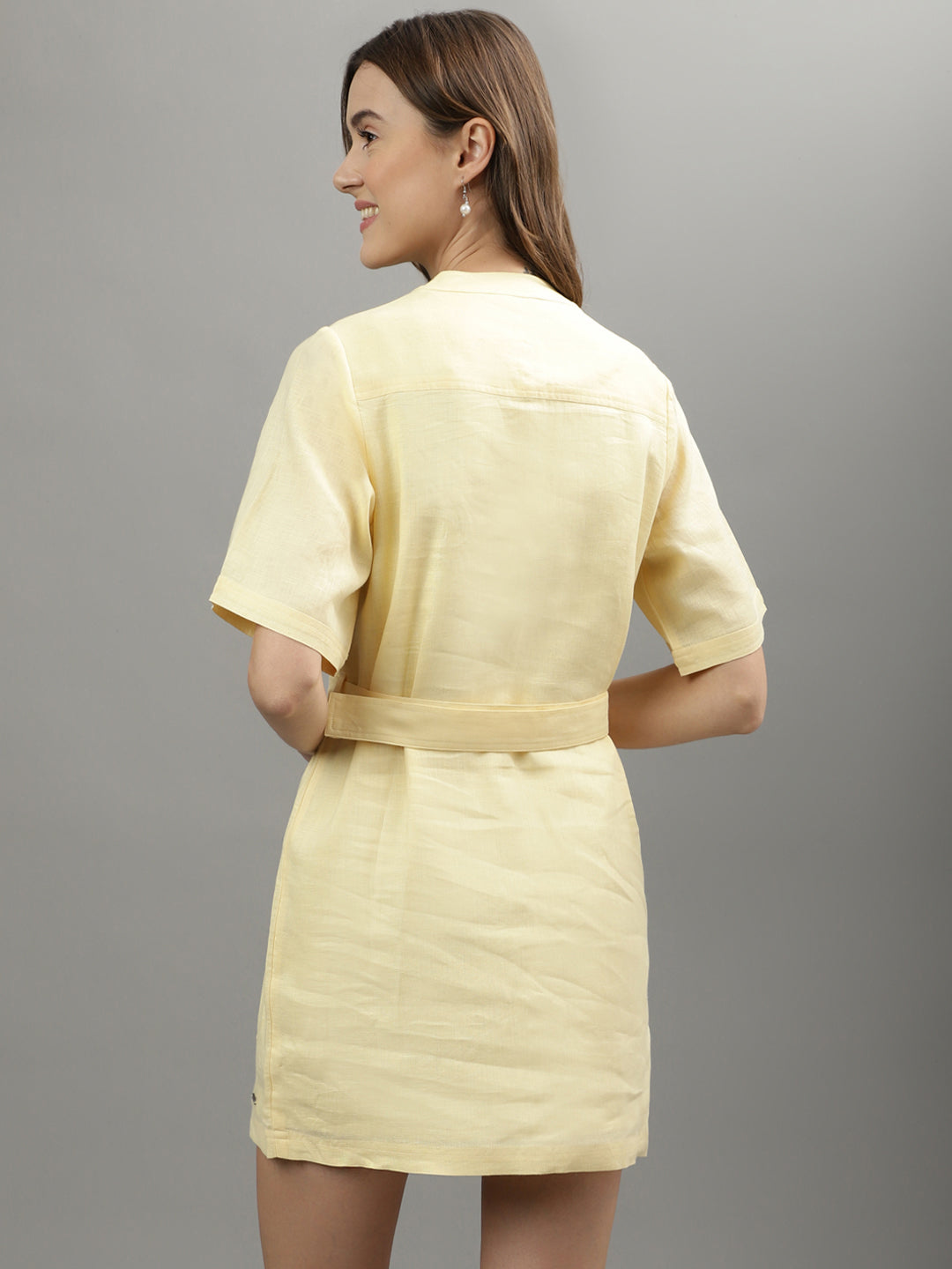 Iconic Women Yellow Solid Band Collar Dress