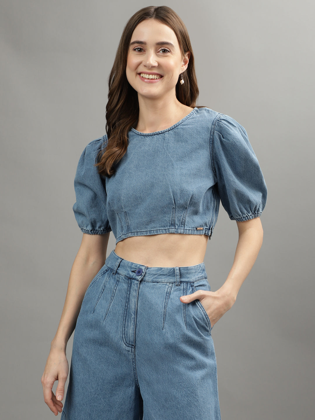 Iconic Women Blue Solid Round Neck Top