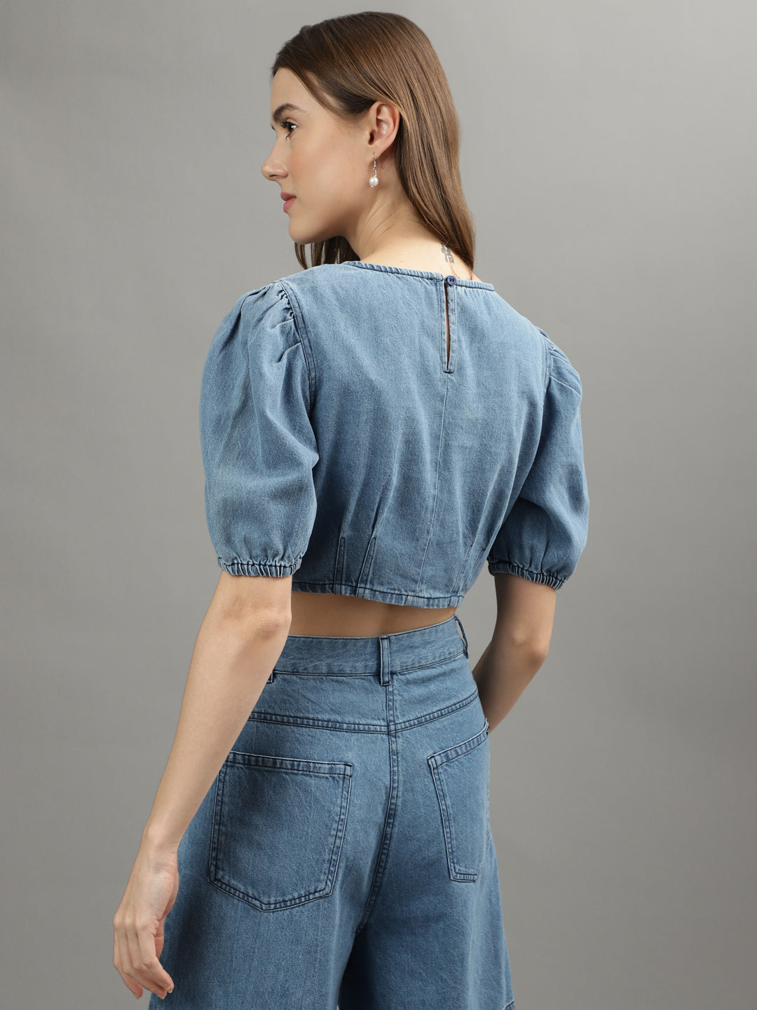 Iconic Women Blue Solid Round Neck Top