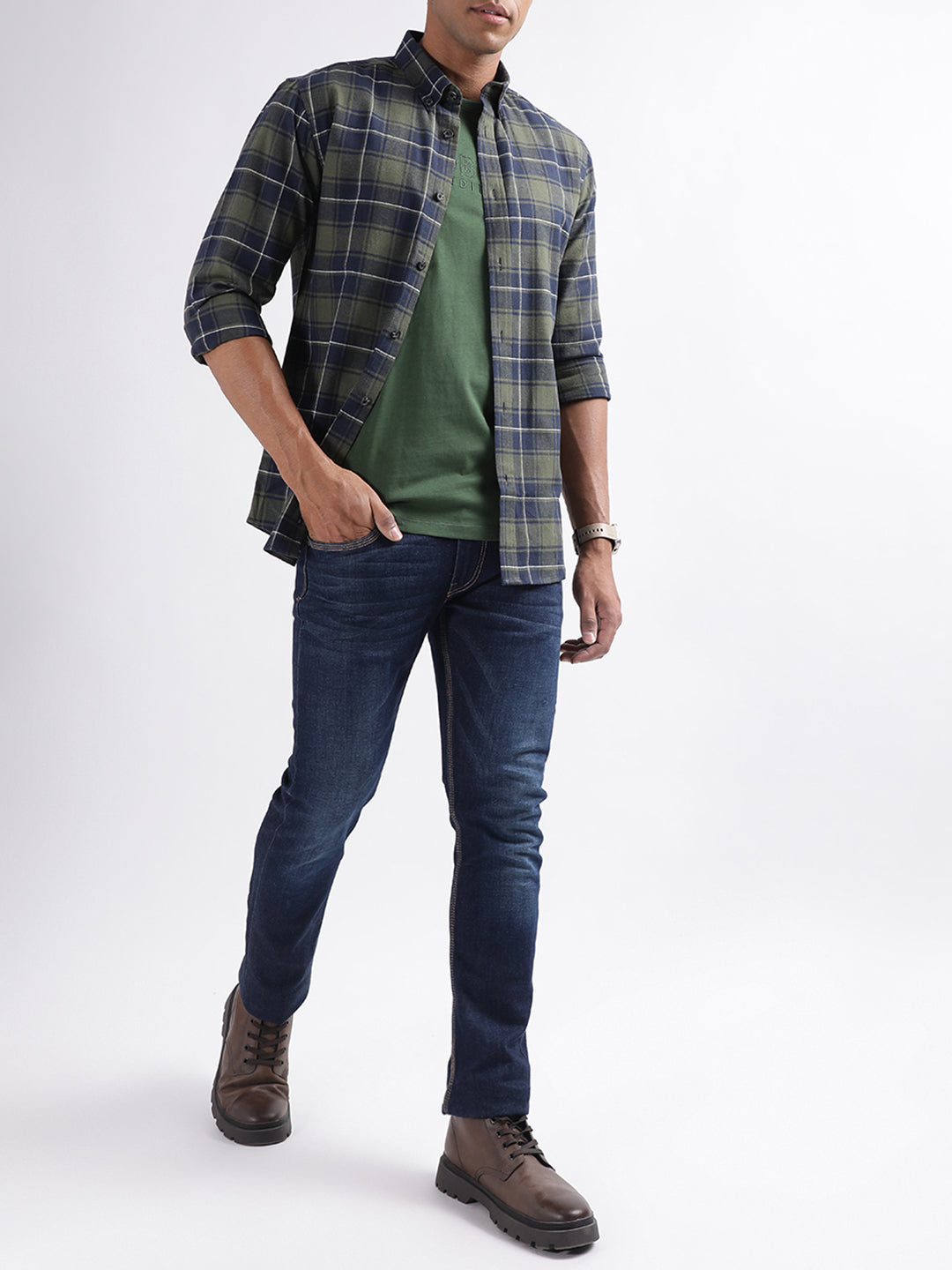 Lindbergh Olive Checked Relaxed Fit Shirt