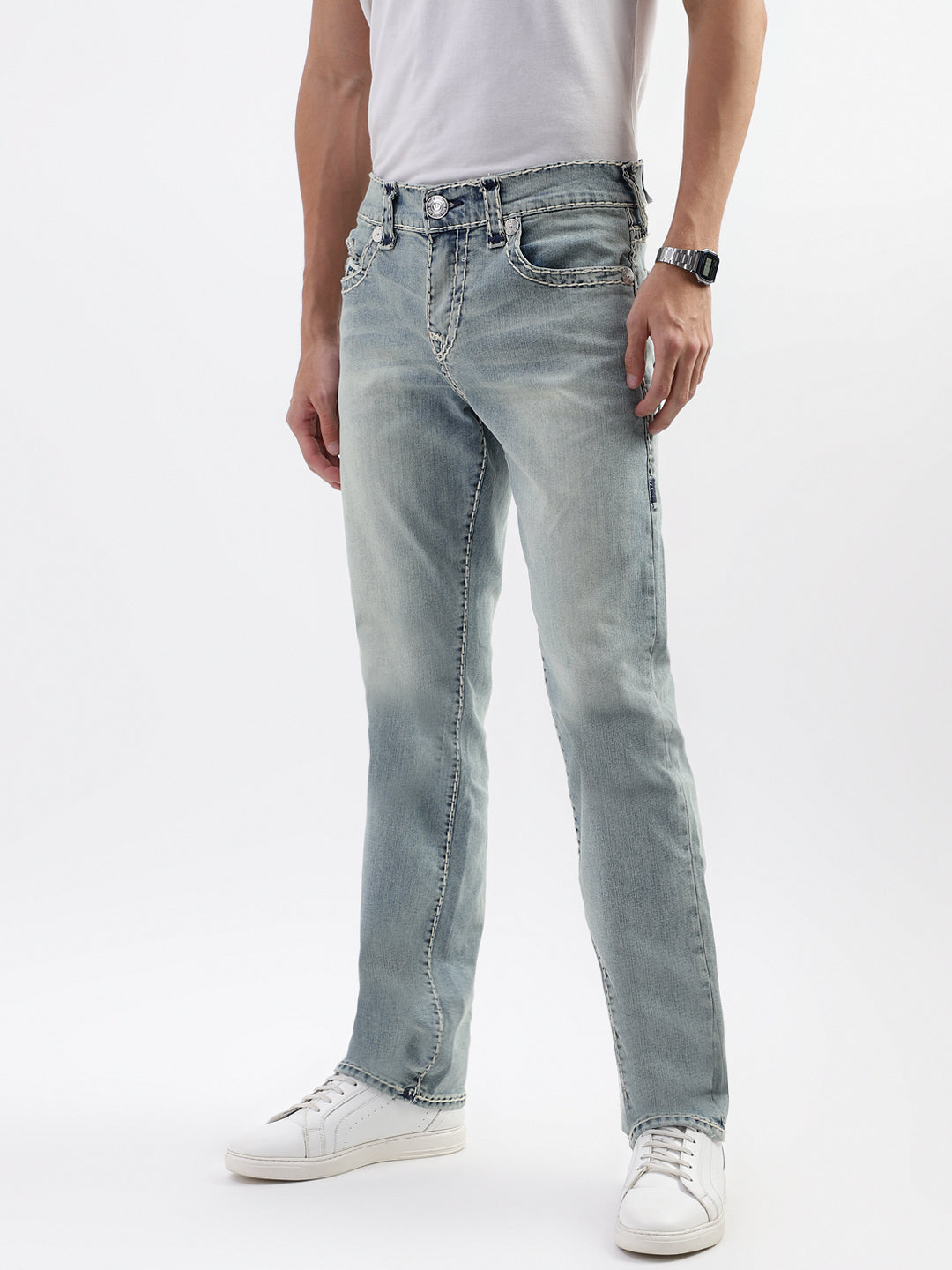 True Religion Men Blue Solid Straight Fit Jeans