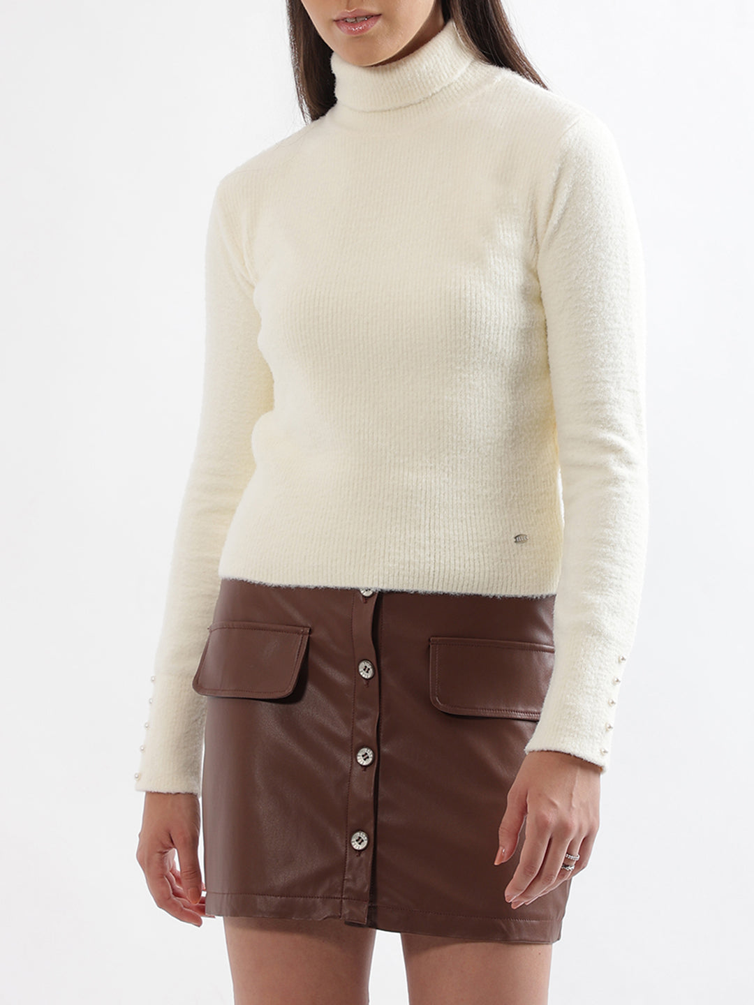 Elle Women White Solid High Neck Sweater