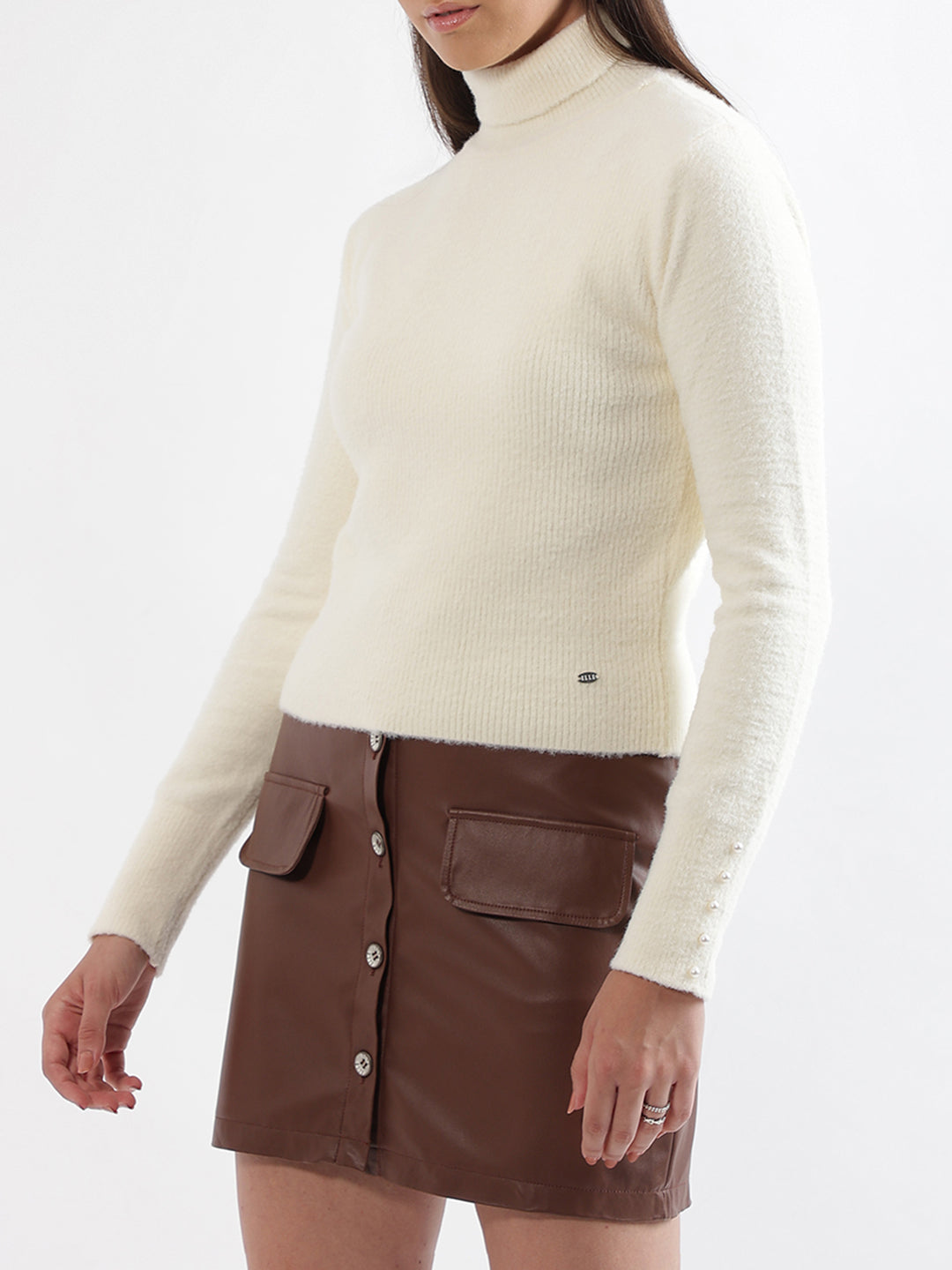 Elle Women White Solid High Neck Sweater