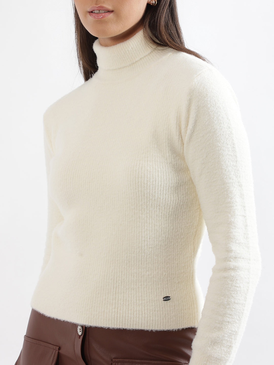 Elle Women White Solid High Neck Sweater