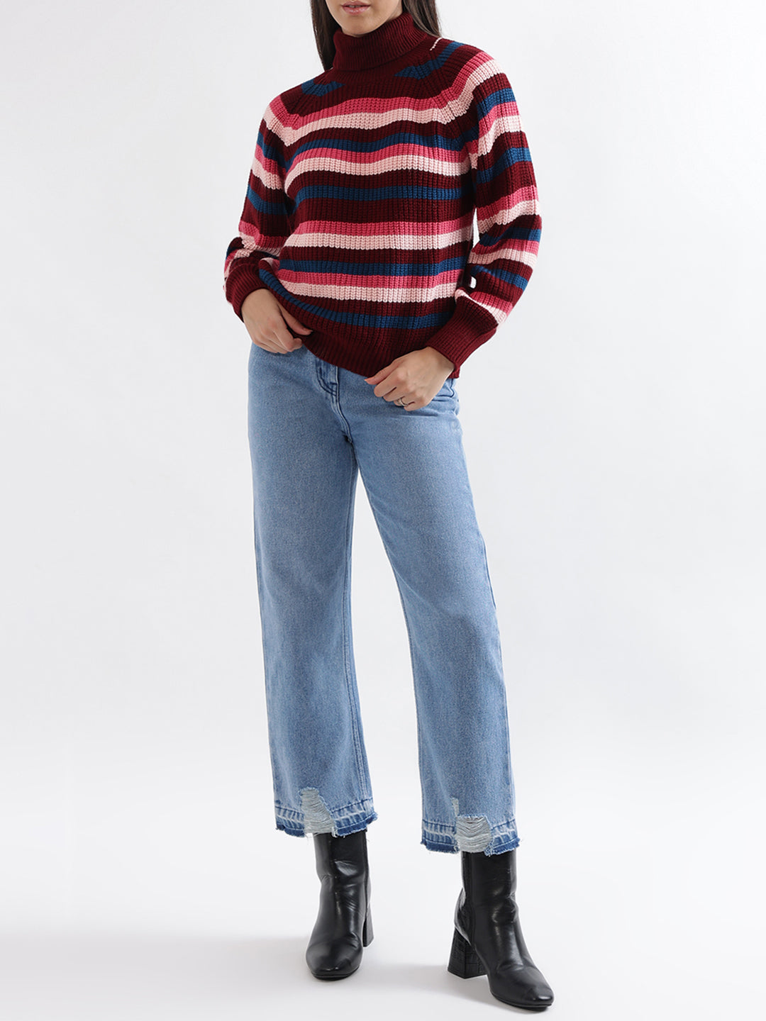 Elle Women Multi Striped Turtle Neck Sweater