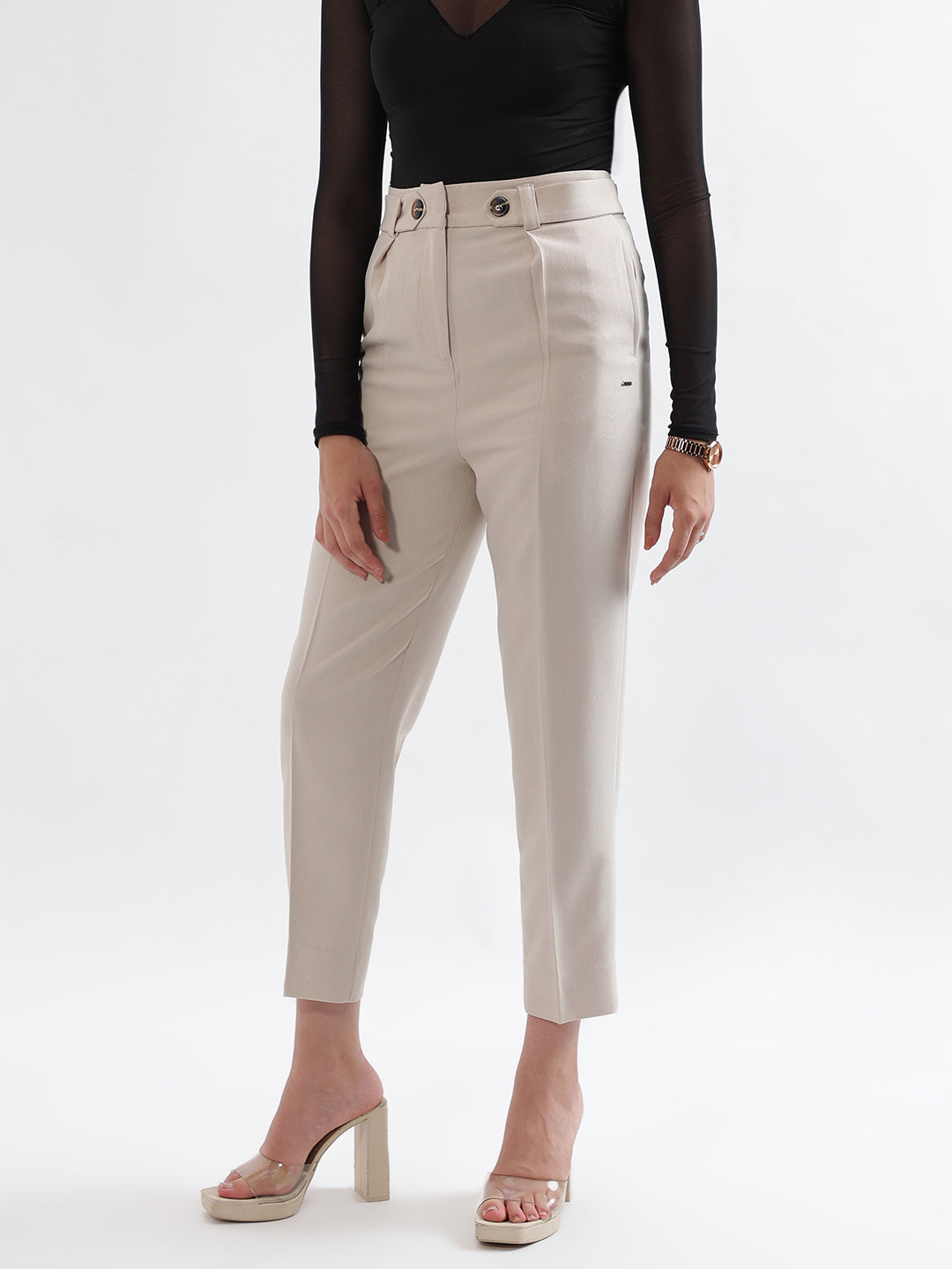Elle Women Beige Solid Relaxed Fit Trouser