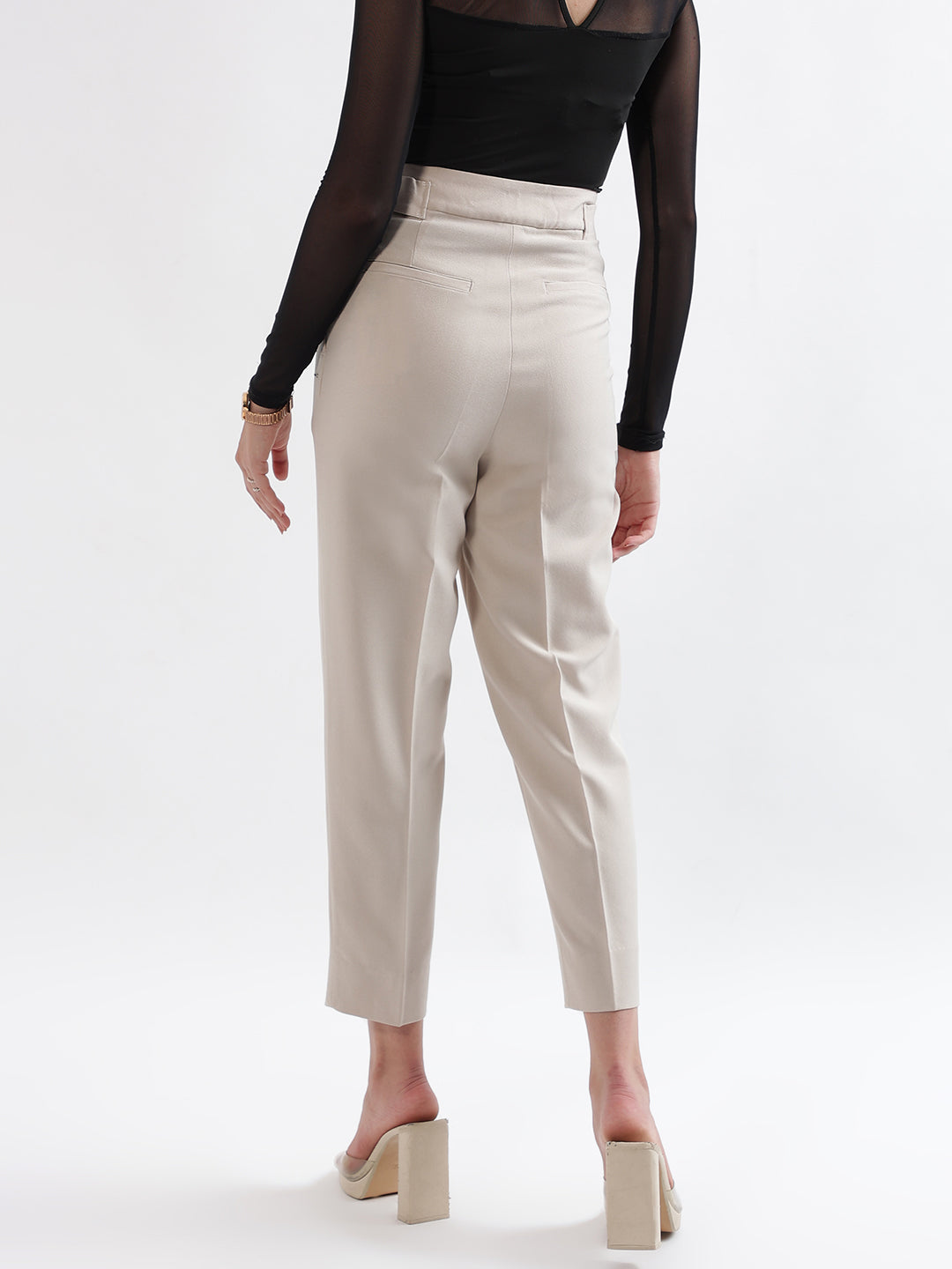 Elle Women Beige Solid Relaxed Fit Trouser