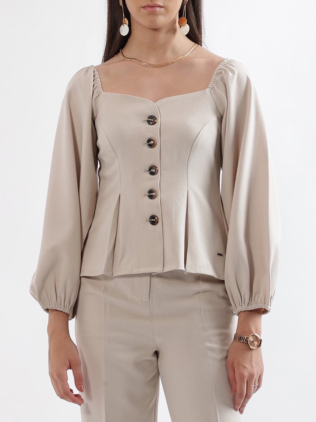 Elle Women Beige Solid Sweatheart Neckline Top