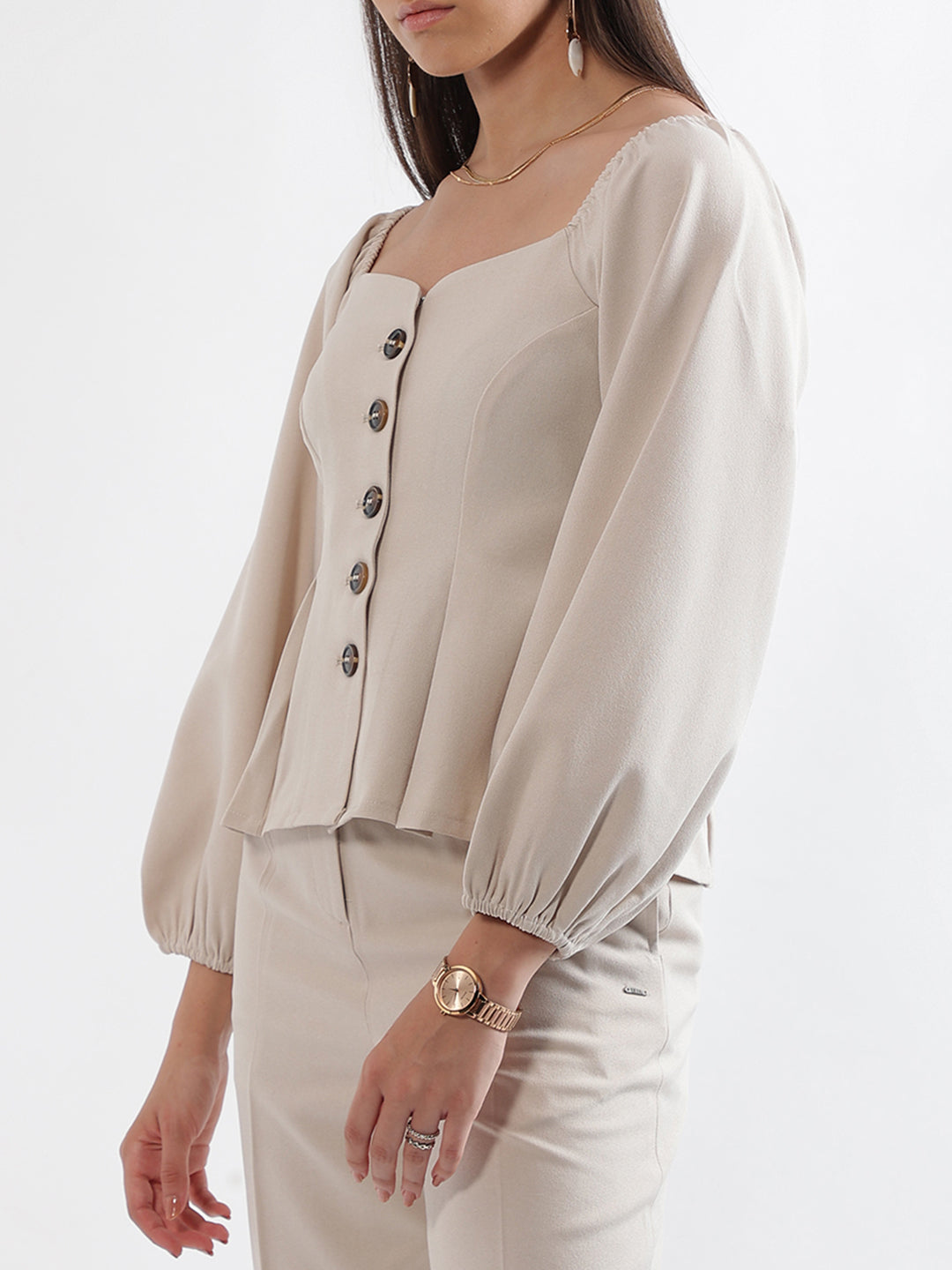 Elle Women Beige Solid Sweatheart Neckline Top