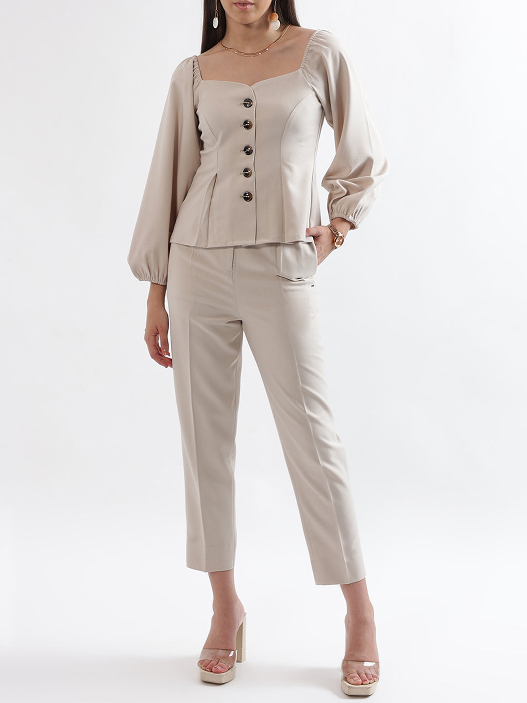 Elle Women Beige Solid Sweatheart Neckline Top