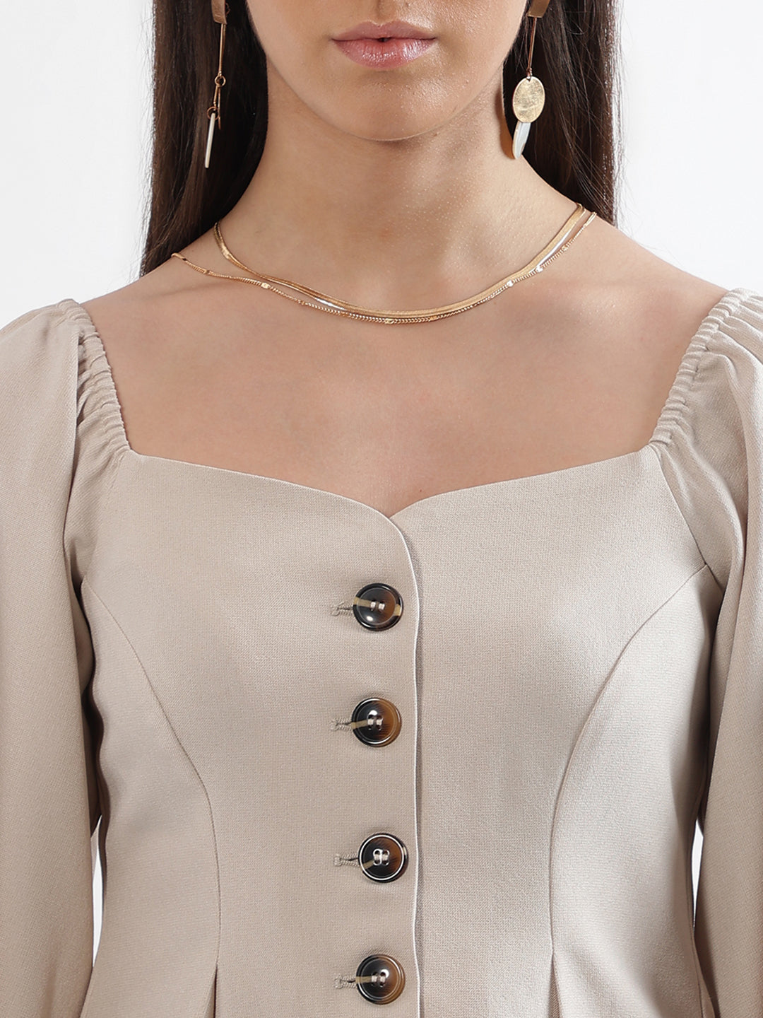 Elle Women Beige Solid Sweatheart Neckline Top