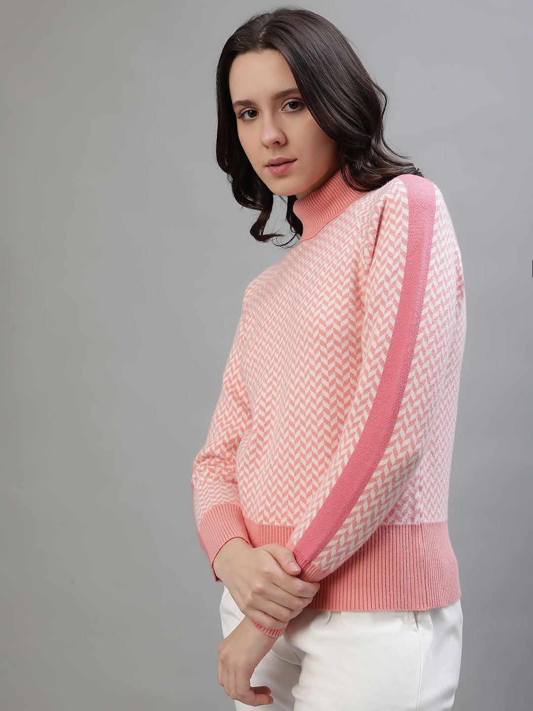 Iconic Women Pink Checked Turtle Neck Sweater