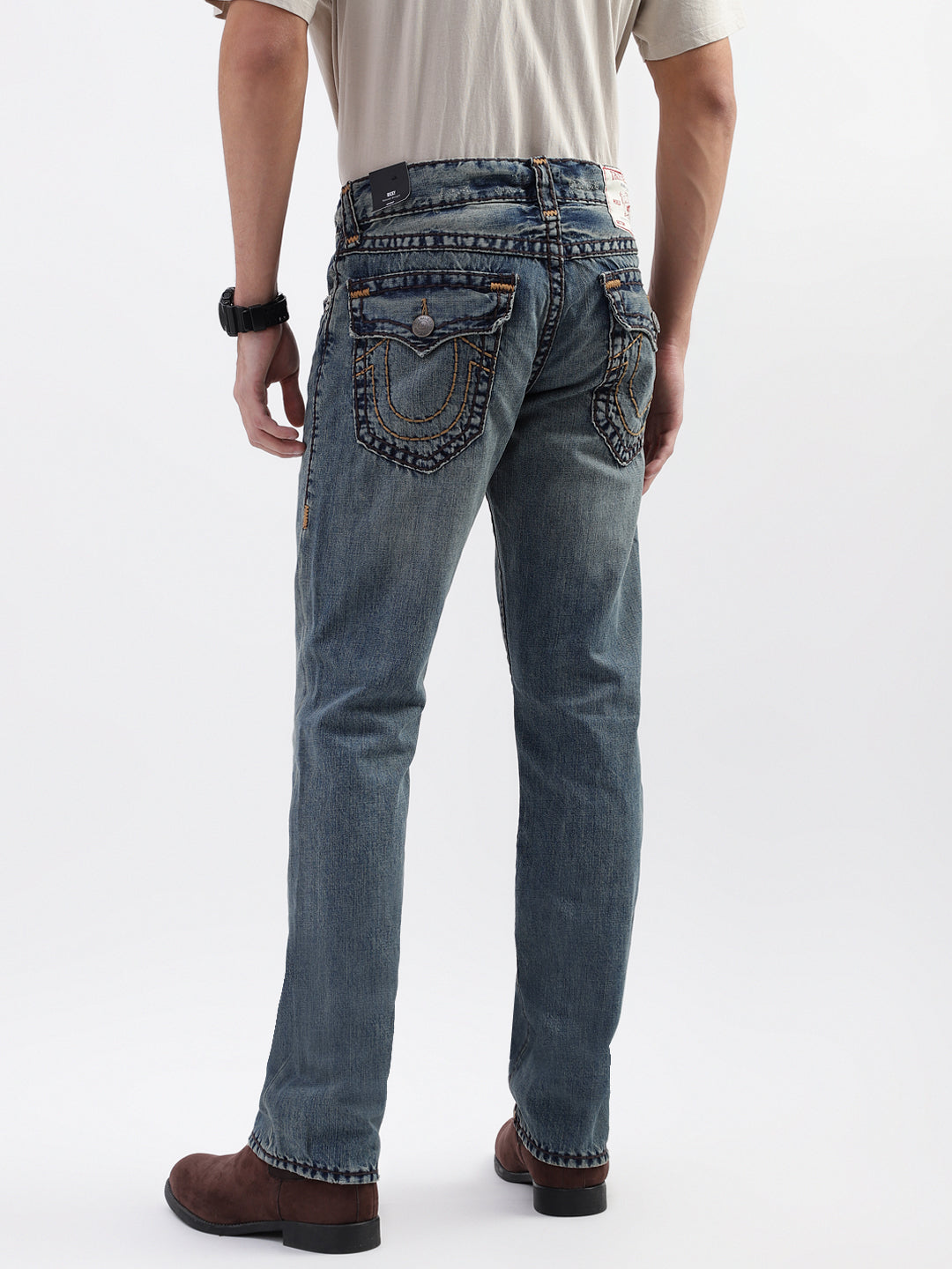 True Religion Men Blue Washed Straight Fit Jeans