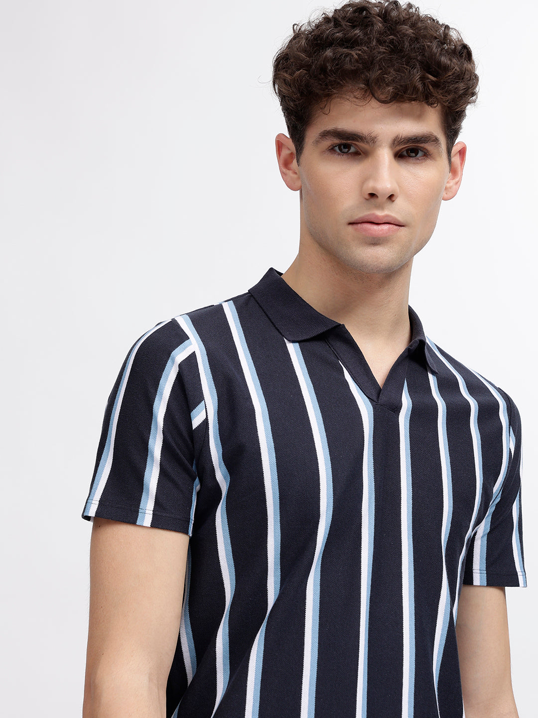 Lindbergh Men Blue Striped Polo Collar Short Sleeves T-Shirt