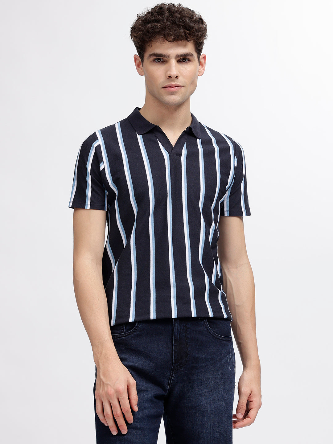 Shop Lindbergh Men Blue Striped Polo Collar Short Sleeves T-Shirt