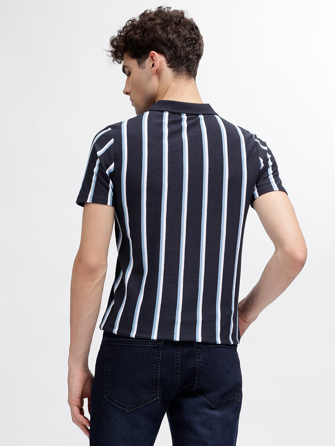 Lindbergh Men Blue Striped Polo Collar Short Sleeves T-Shirt