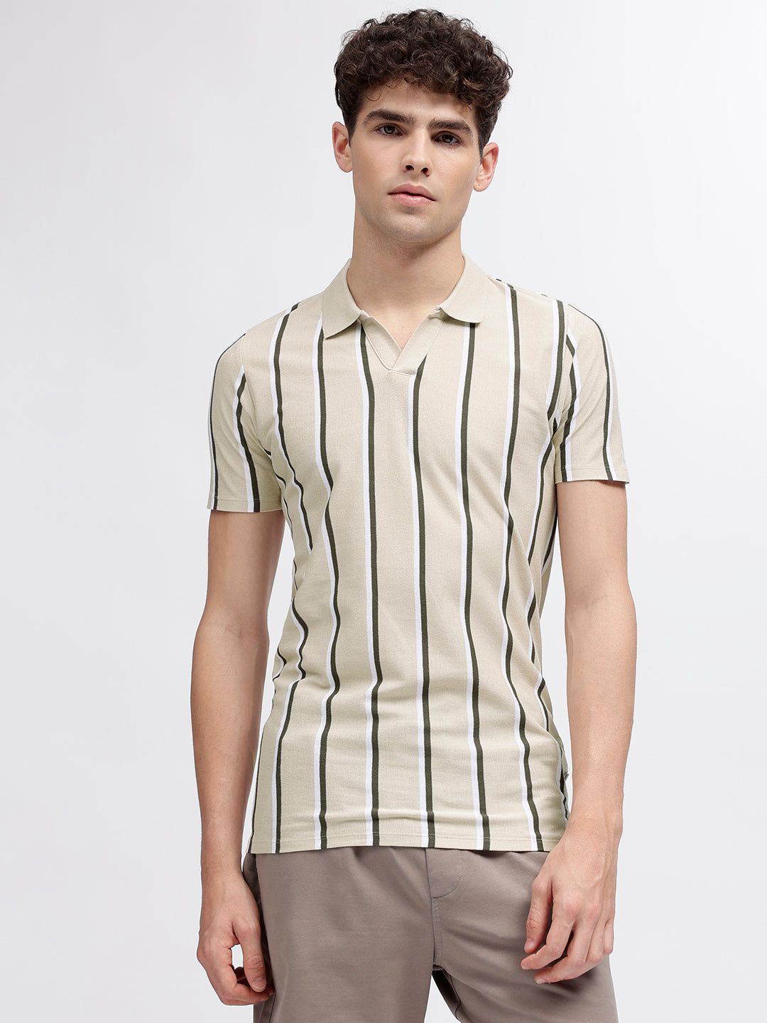 Lindbergh Men Beige Striped Polo Collar Short Sleeves T-Shirt