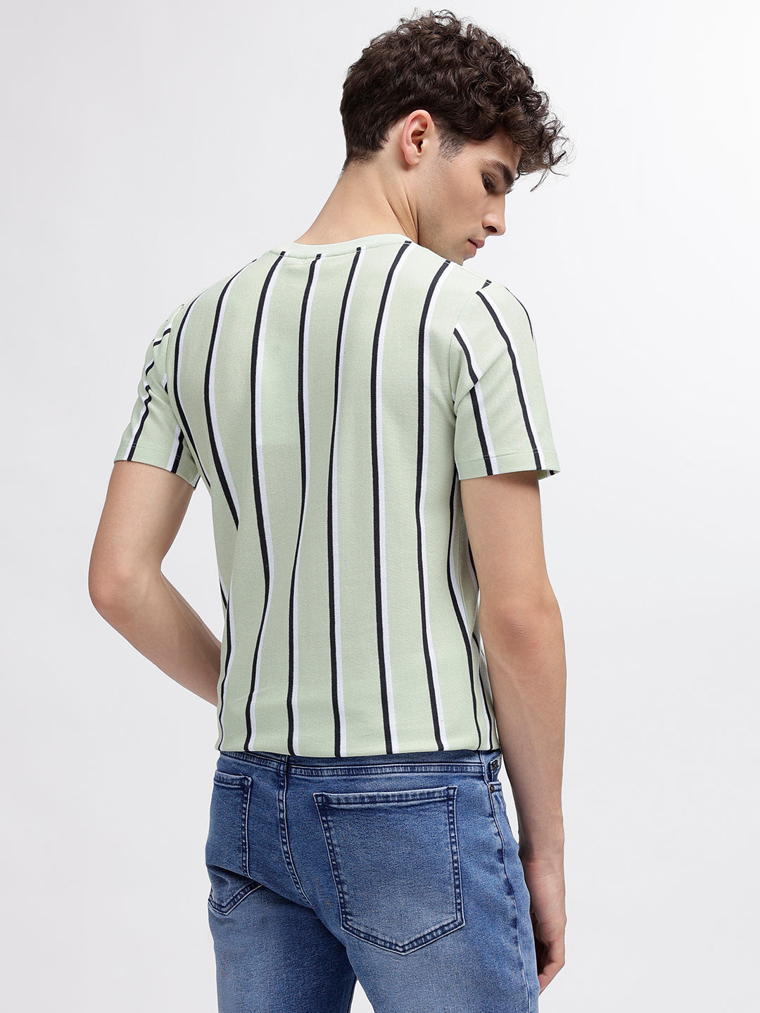 Lindbergh Men Green Striped Round Neck Short Sleeves T-Shirt