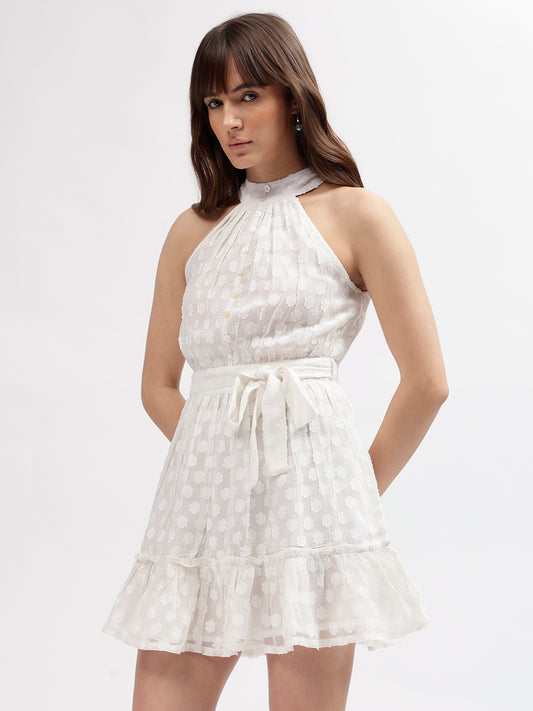 Elle Women Off White Self-Design Choker Neck Sleeveless Dress