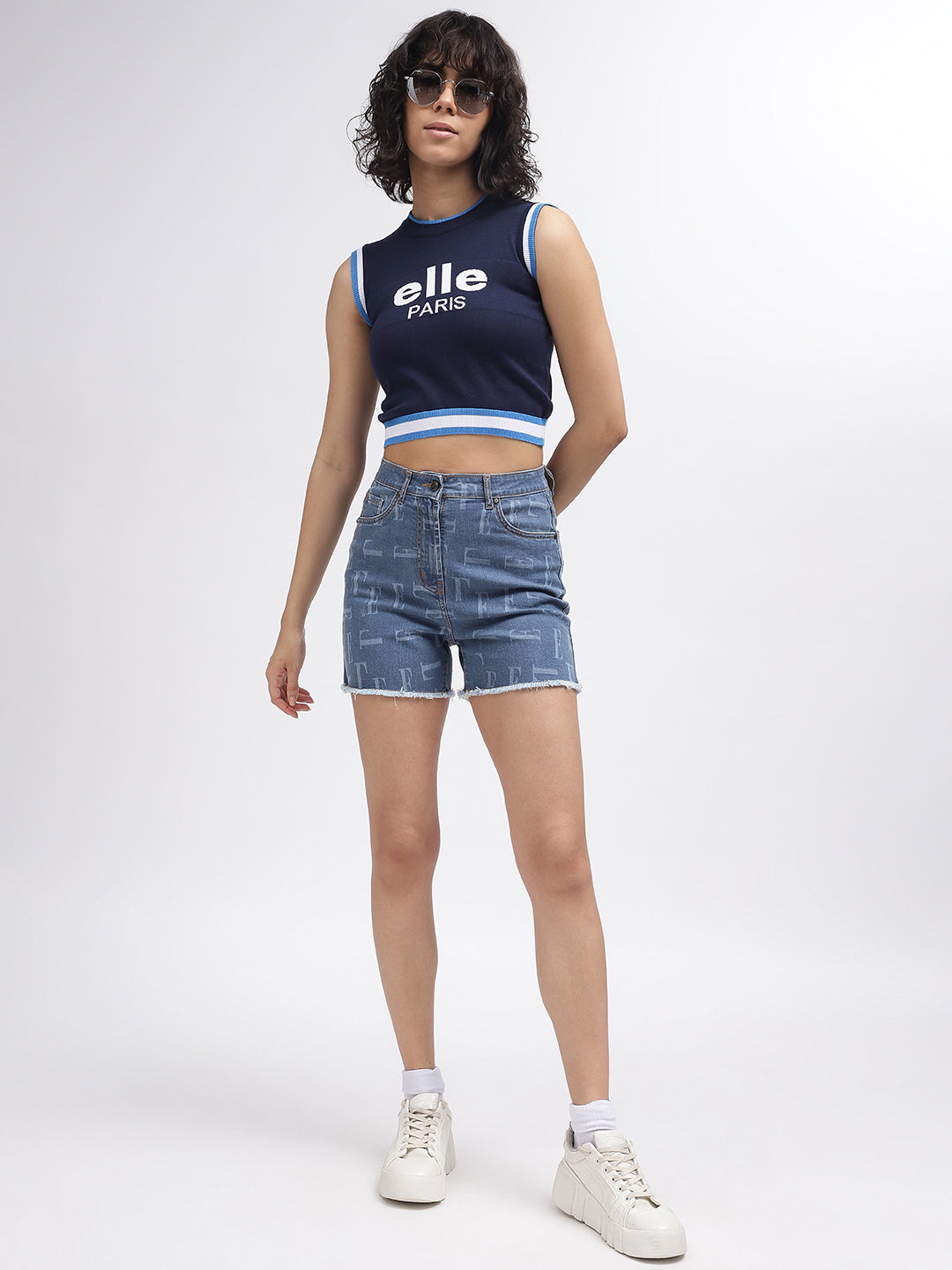 Elle Women Blue Printed Round Neck Sleeveless Top