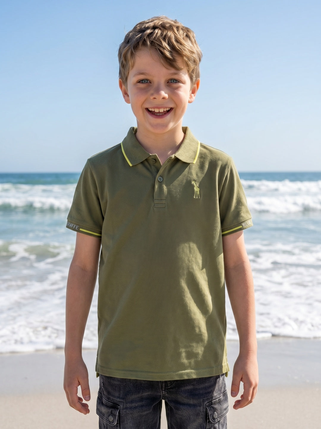 Blue Giraffe Boys Olive Solid Polo Collar Short Sleeves Tshirt