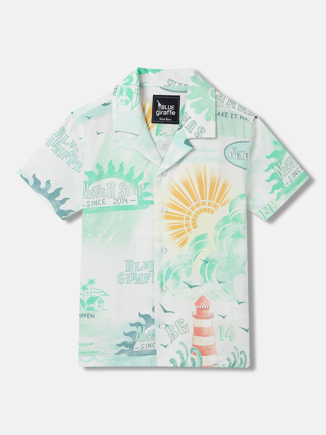 Blue Giraffe Boys White Printed Resort Collar Short Sleeves Shirt