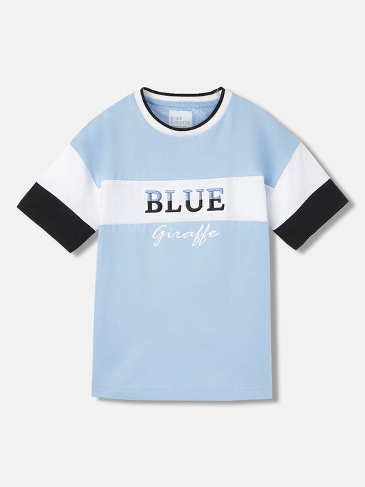 Blue Giraffe Boys Blue Colour Blocked Round Neck Short Sleeves T-Shirt