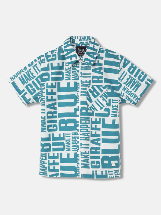 Blue Giraffe Boys White Printed Spread Collar Short Sleeves Shirt