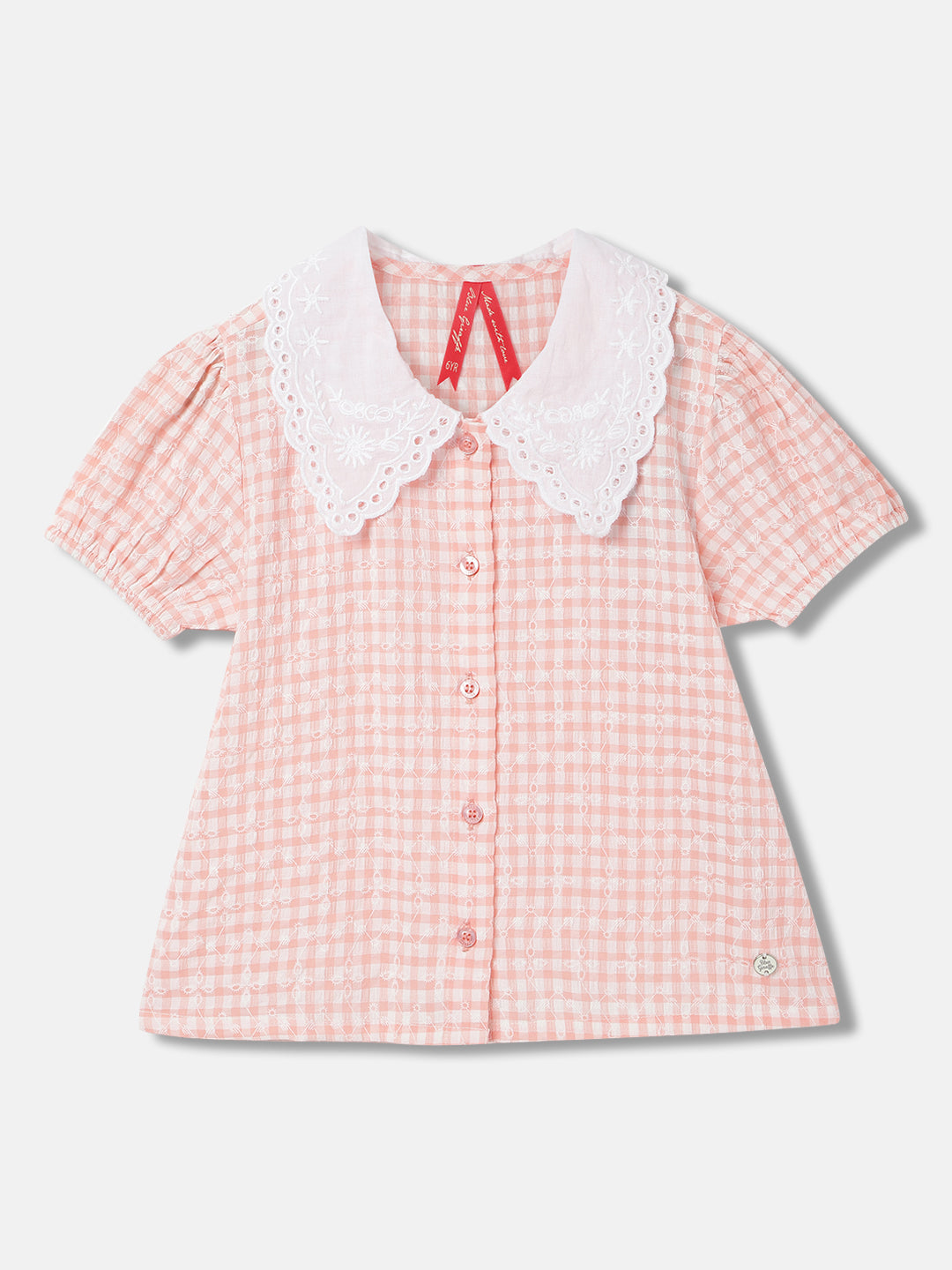 Blue Giraffe Girls Peach Checked Spread Collar Short Sleeves Top
