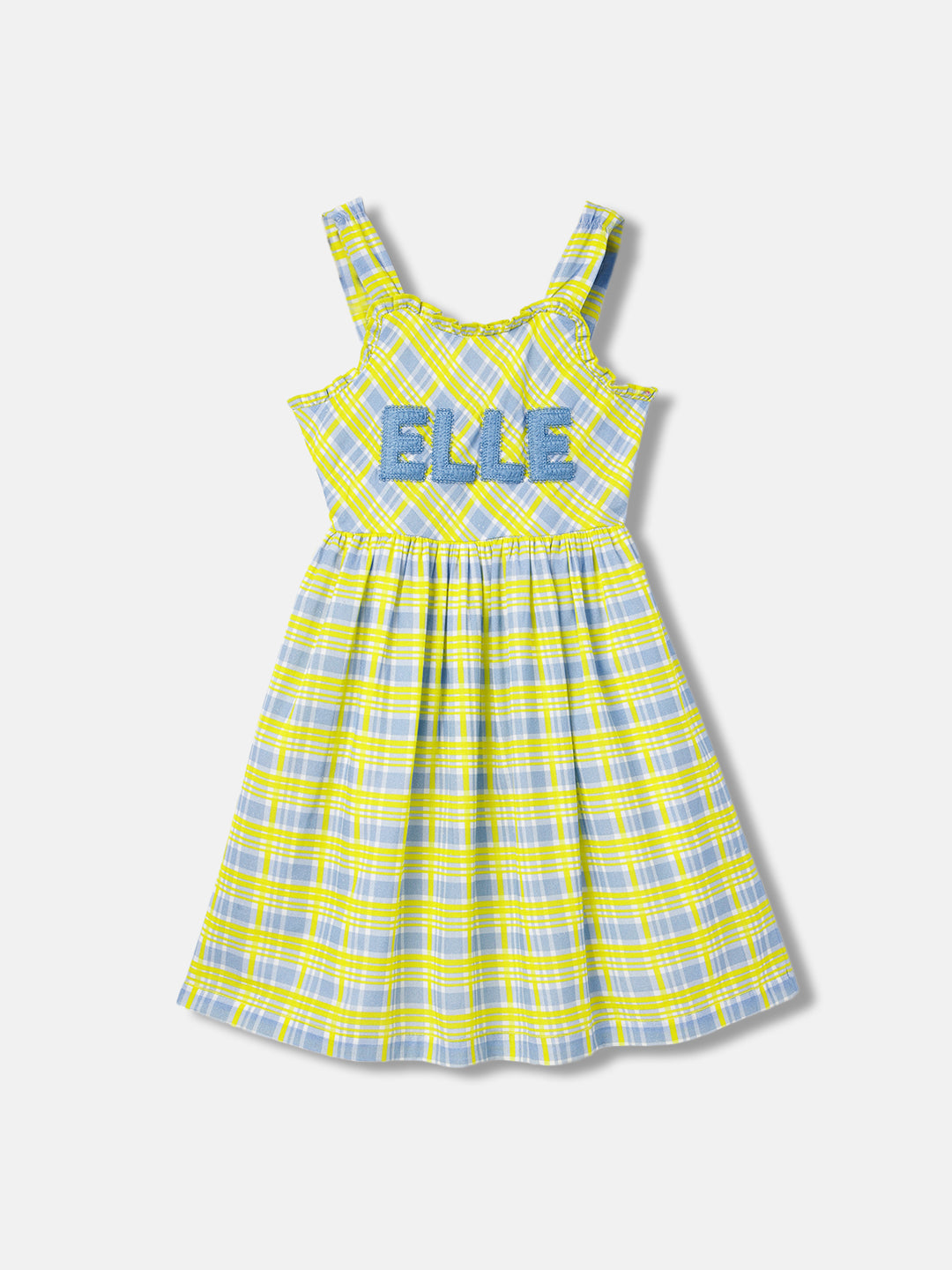 Elle Girls Yellow Checked Square Neck Sleeveless Dress