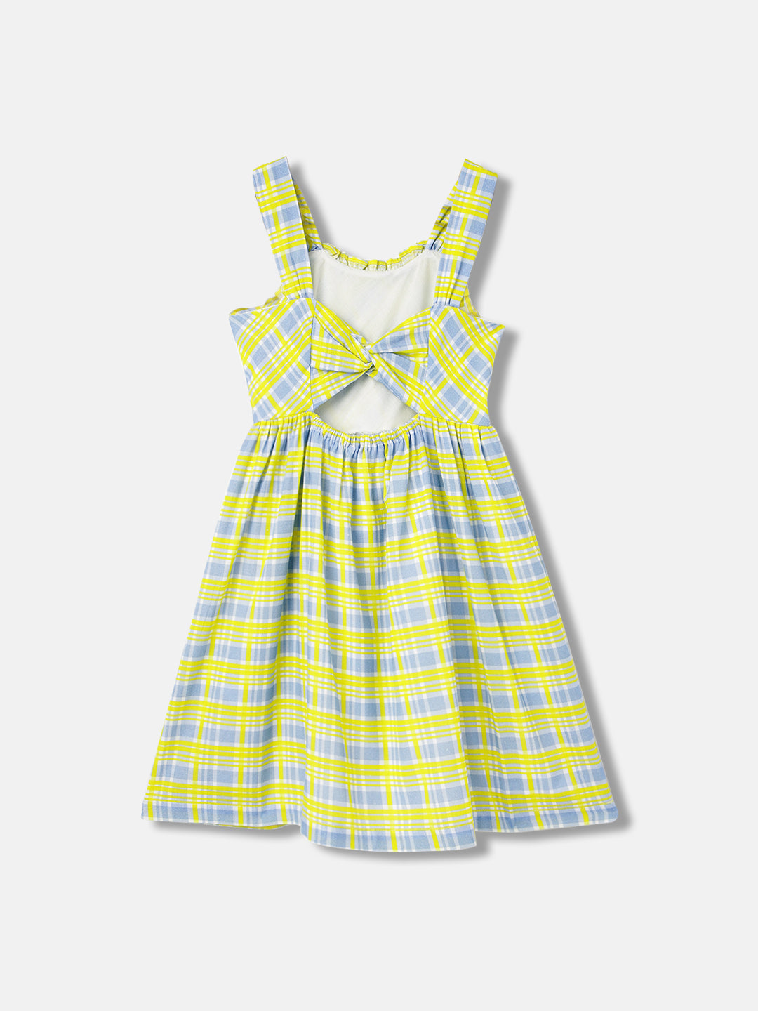 Elle Girls Yellow Checked Square Neck Sleeveless Dress