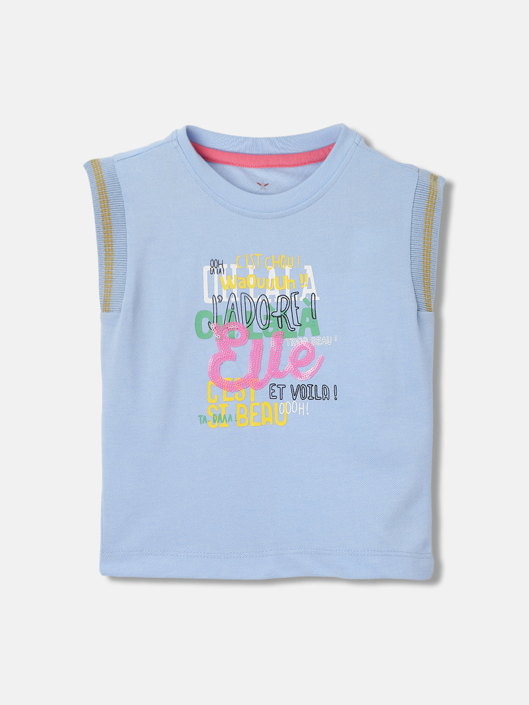 Elle Kids Girls Blue Printed Round Neck Sleeveless Tshirt