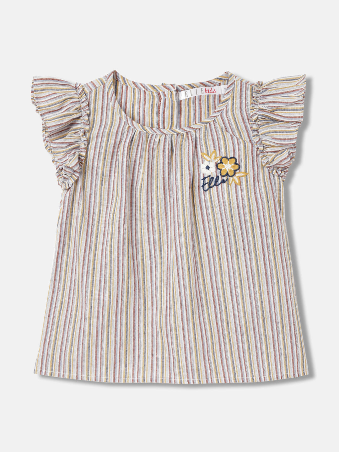 Elle Girls Beige Striped Round Neck Short Sleeves Top