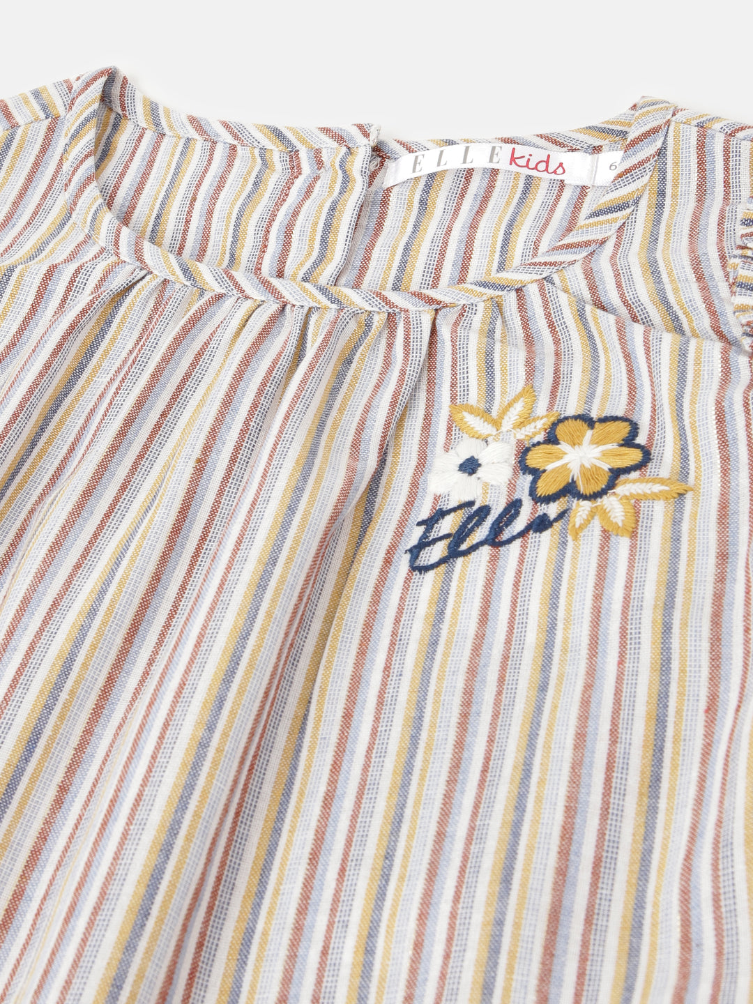 Elle Girls Beige Striped Round Neck Short Sleeves Top