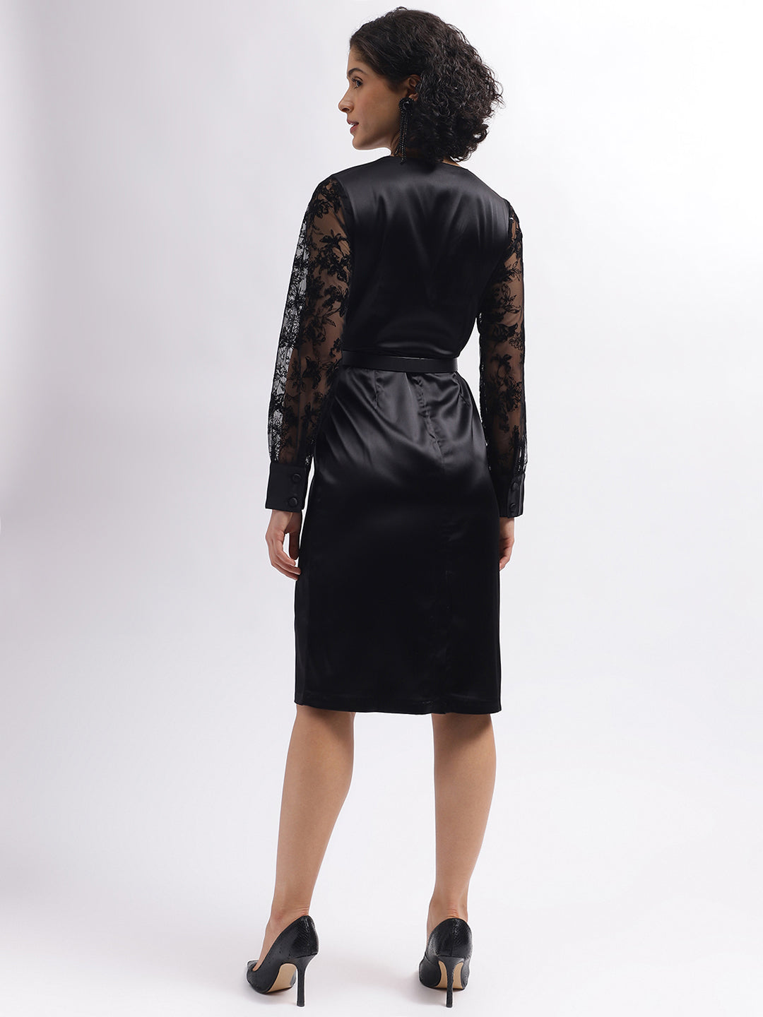 Centre Stage Women Black Solid Wrap Neck Full Sleeves Dress