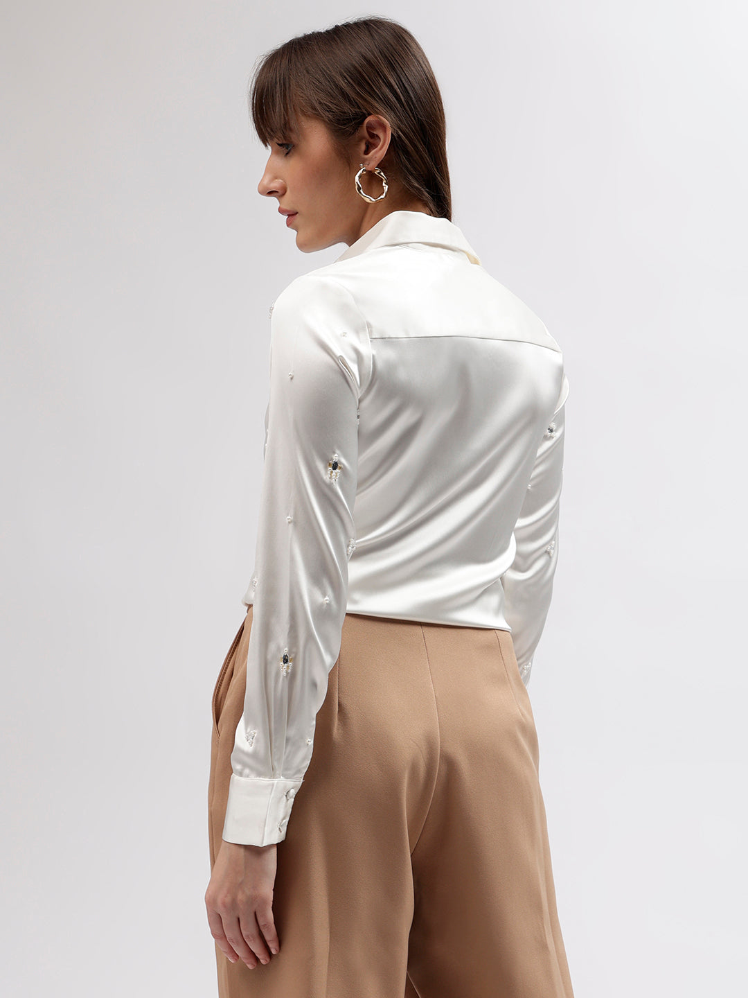 Centre Stage Women White Embellished Spread Collar Full Sleeves Shirt