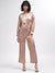 Centre Stage Women Beige Solid Keyhole Neck Full Sleeves Jumpsuit