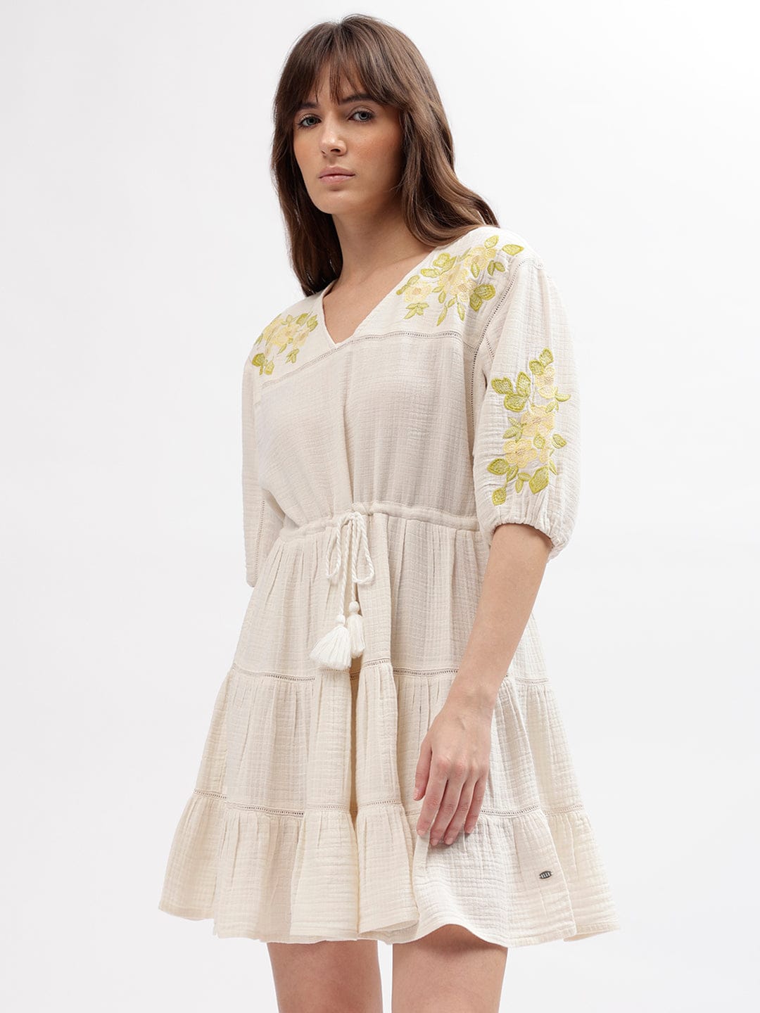 Elle Women Cream V Neck Dress