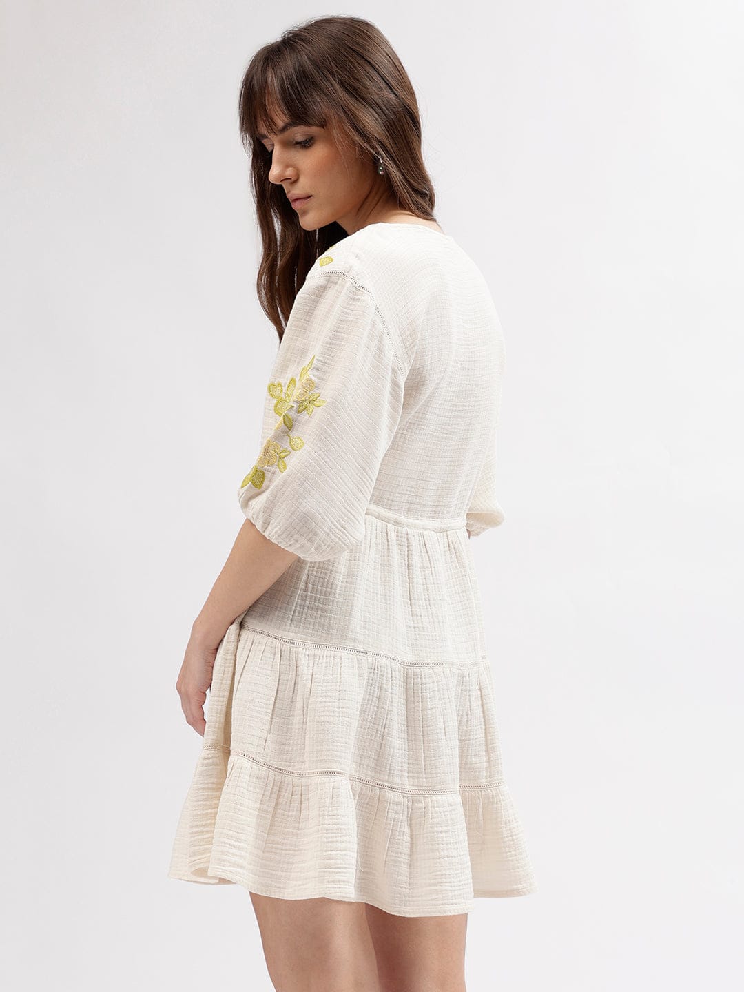 Elle Women Cream V Neck Dress