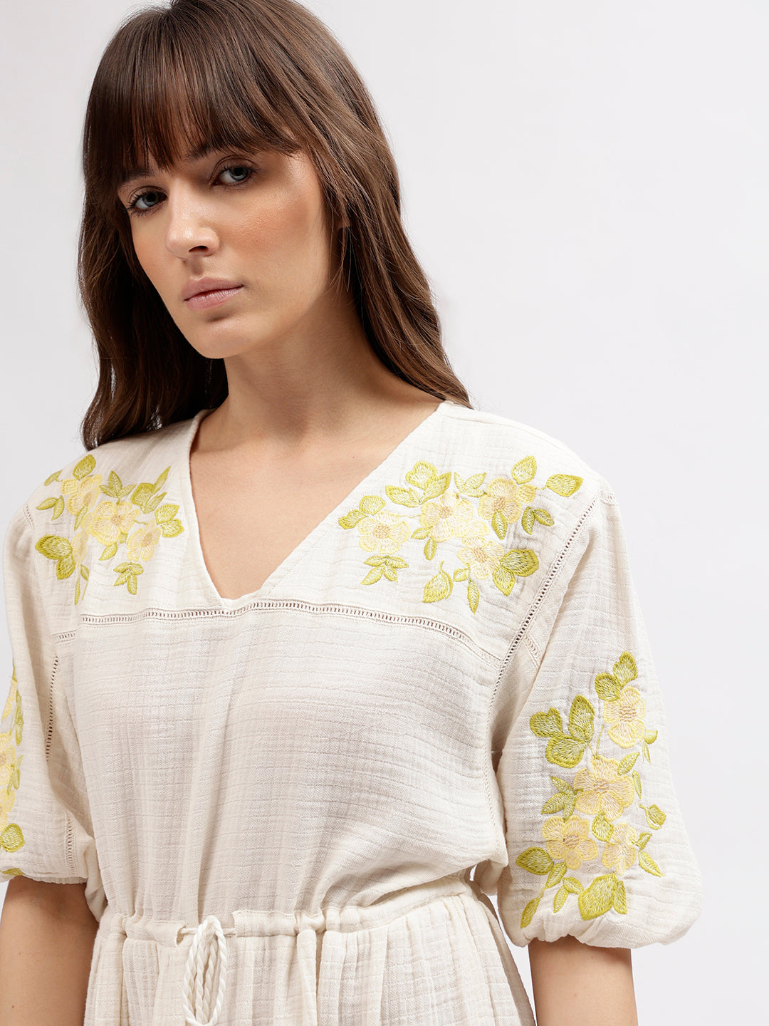 Elle Women Off White Embroidered V Neck 3/4th Sleeves Dress