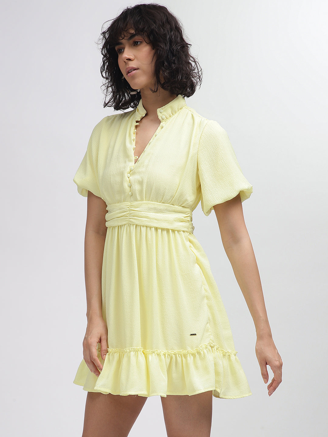 Elle Women Yellow Solid Band Collar Short Sleeves Dress